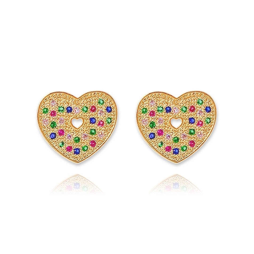 Brinco de Coração Grande Vazado Rainbow Dourado