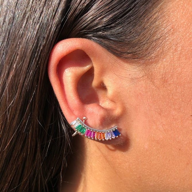 Brinco Ear Cuff Trapézios Rainbow Prateado