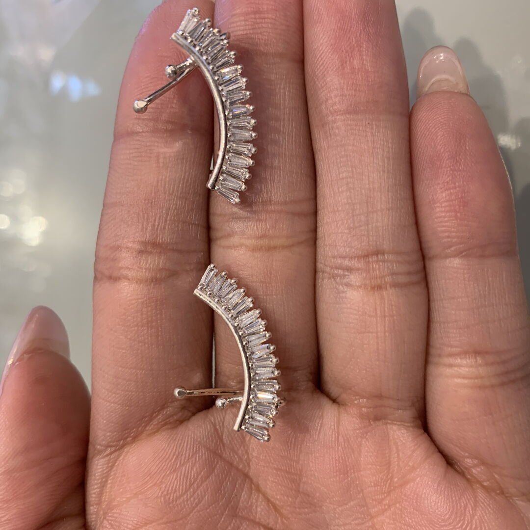 Brinco Ear Cuff Trapézios Cristal Prateado