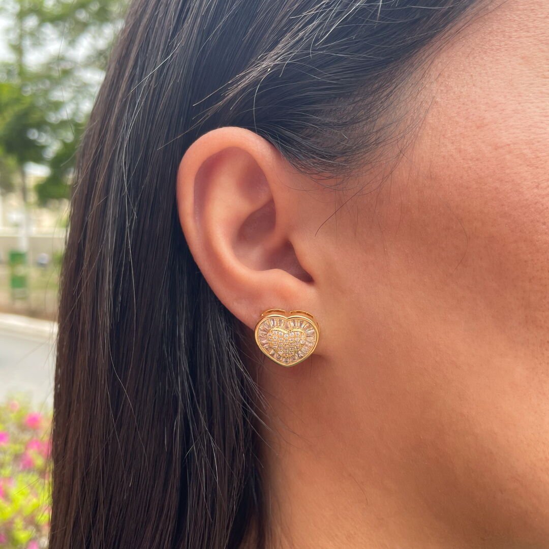 Brinco Coração Baguetes Luxo Cravejado Cristal Dourado