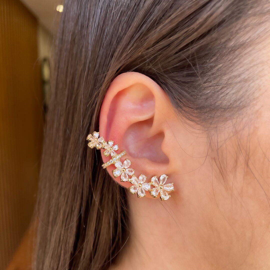 Brinco Ear Cuff Luxo Flower Cravejado Cristal Dourado
