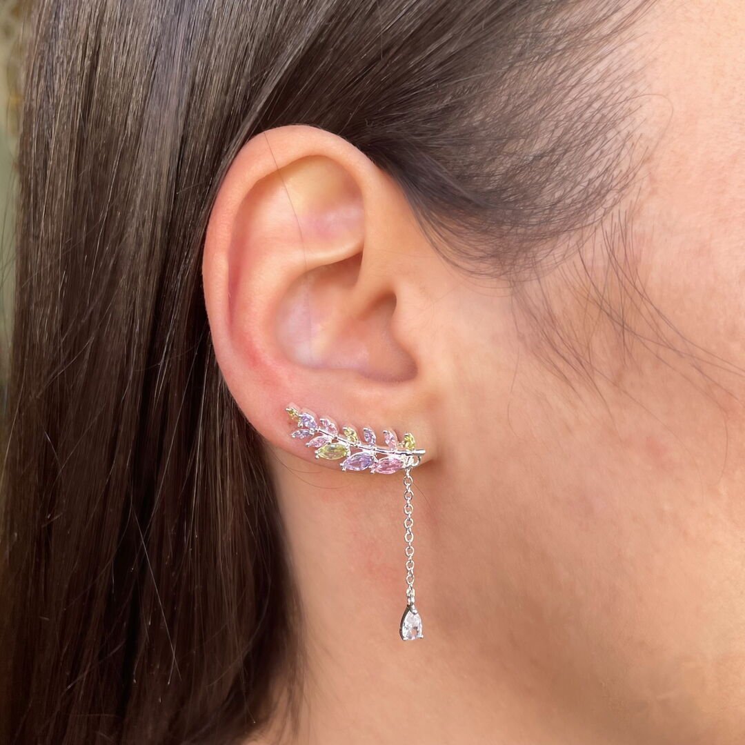 Brinco Ear Cuff Mini Candy Colors c/ Gota Pendurada Cristal Prateado