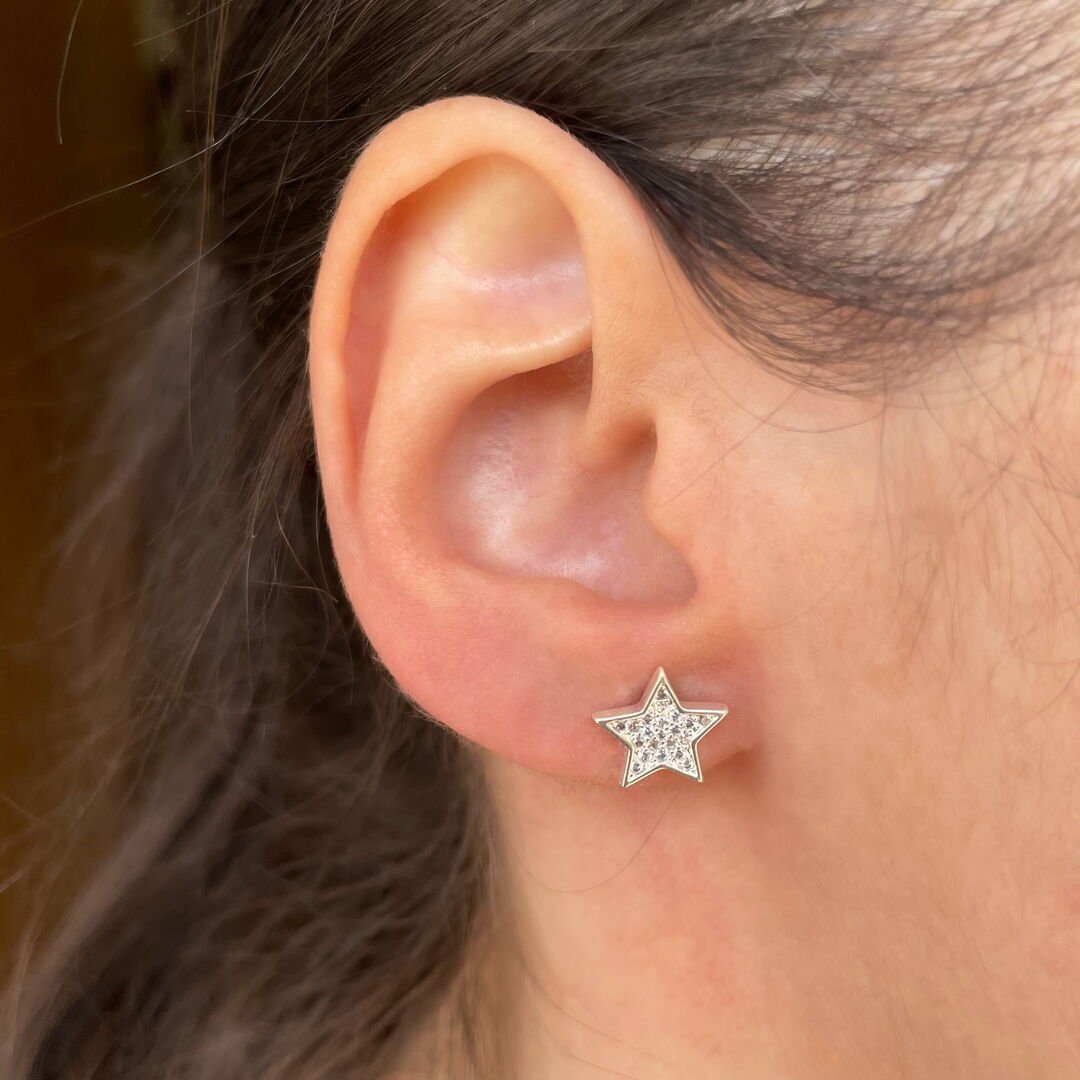 Brinco de Estrela Cravejada Cristal Prateada
