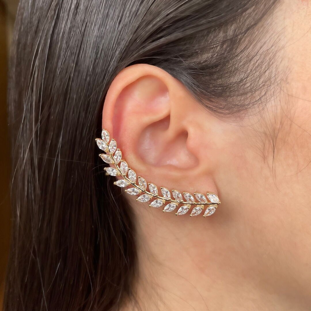 Brinco Ear Cuff Luxo Full Navetes Cristal Dourado