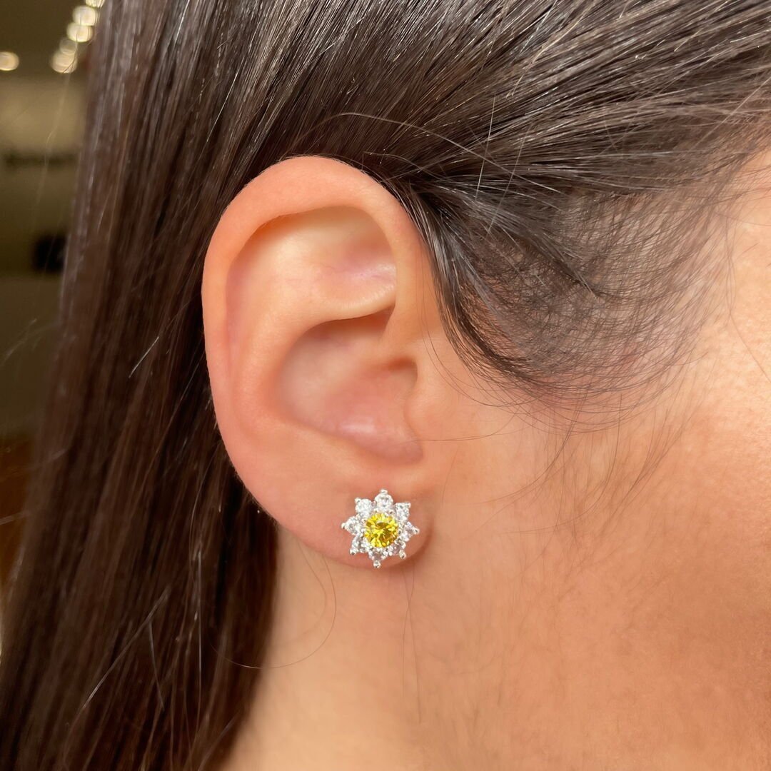 Brinco Flower Amarela Galeria Cravejada Cristal Prateado
