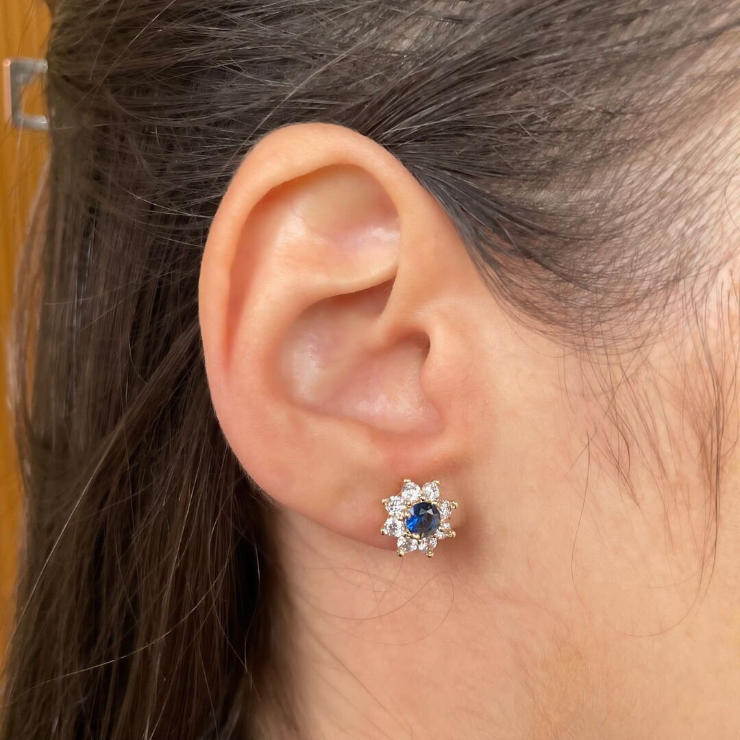 Brinco Flower Azul Galeria Cravejada Cristal Dourado