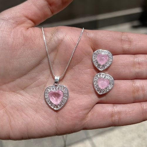 Conjunto Coração Fusion Rosa Candy C/ Baguete Cristal Prateado