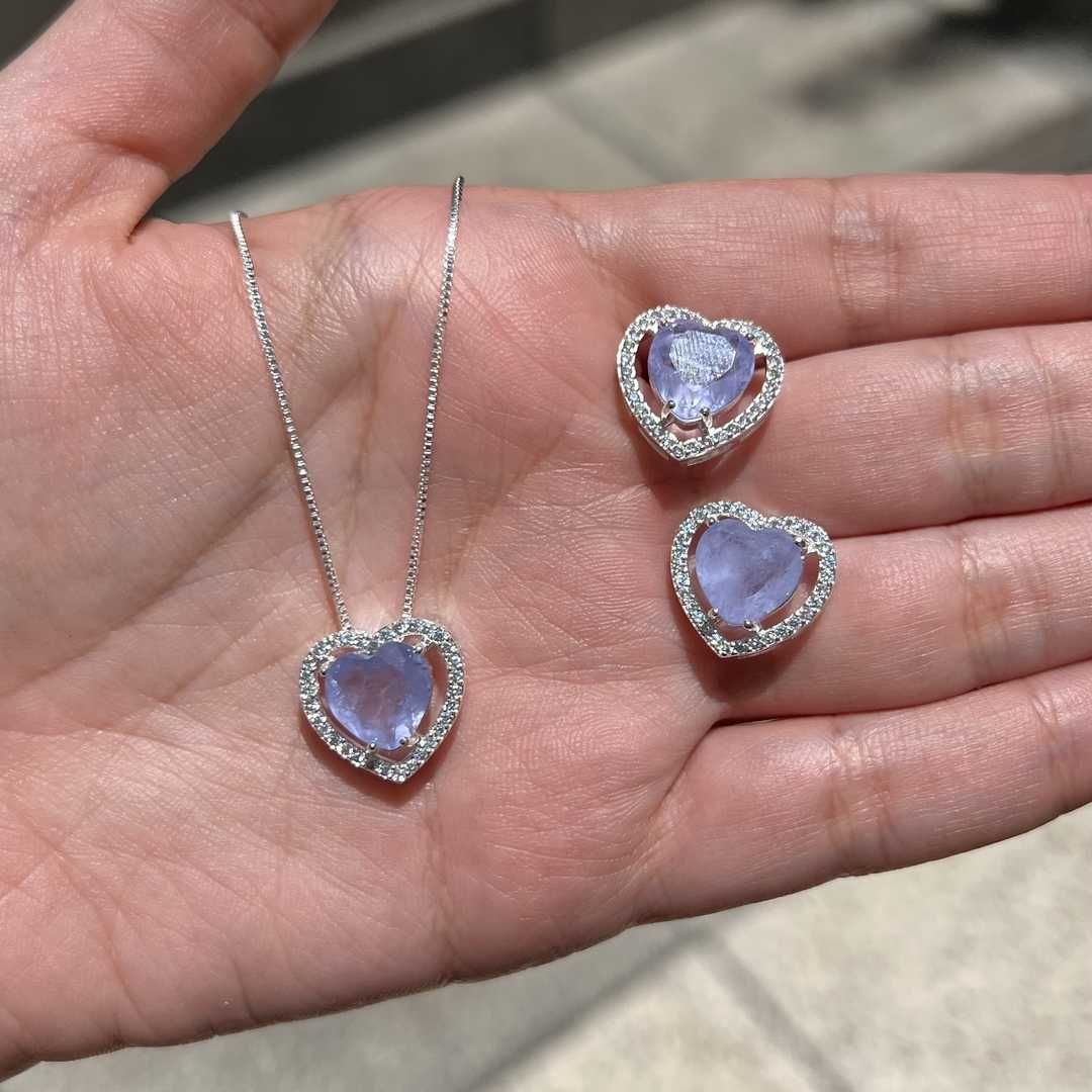 Conjunto De Coração Roxo Fusion Cravejado Cristal Dourado