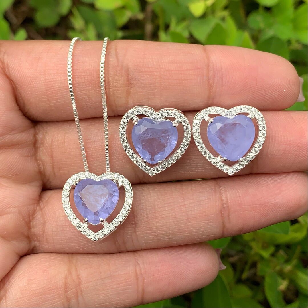 Conjunto De Coração Roxo Fusion Cravejado Cristal Prateado