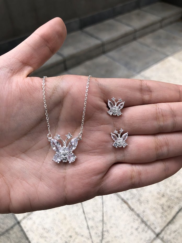 Conjunto de Borboleta Cristal Prateada