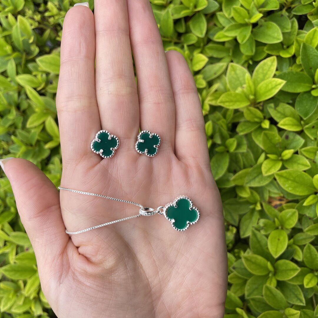 Conjunto Trevo Verde Prateado