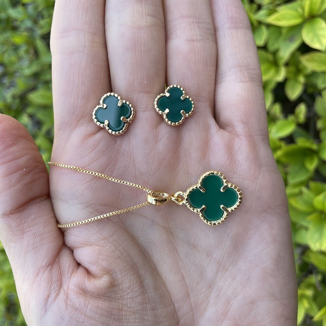Conjunto Trevo Verde Dourado