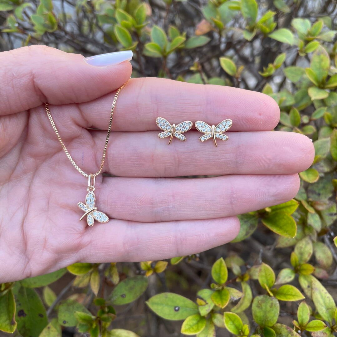 Conjunto de Libélula Cravejado Cristal Dourado