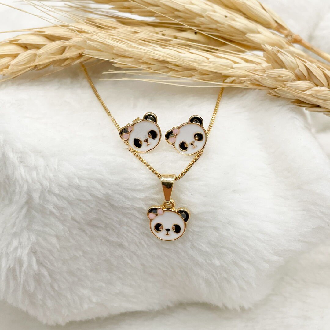 Conjunto Infantil de Panda Esmaltado Dourado