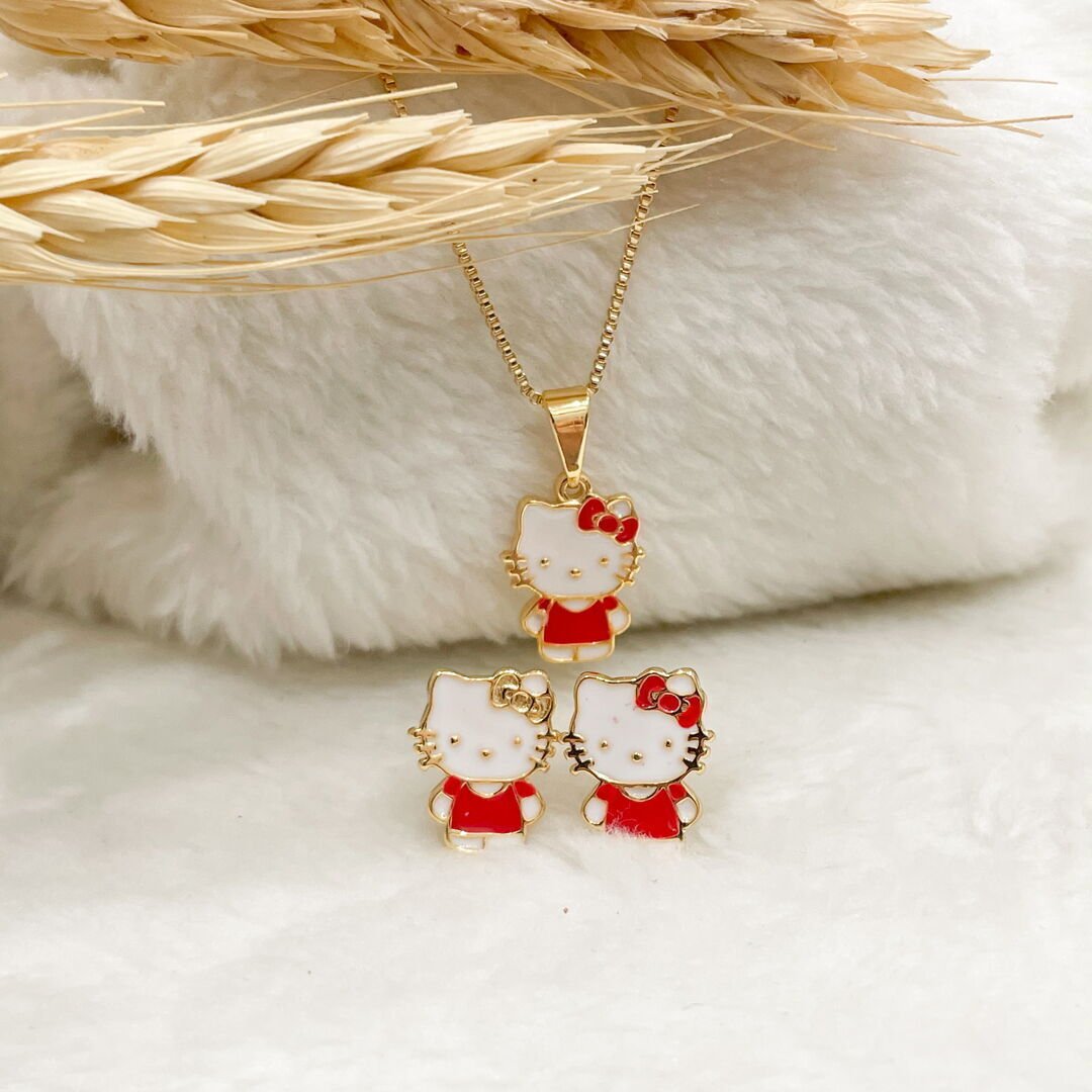 Conjunto Infantil Hello Kitty Esmaltado Dourado