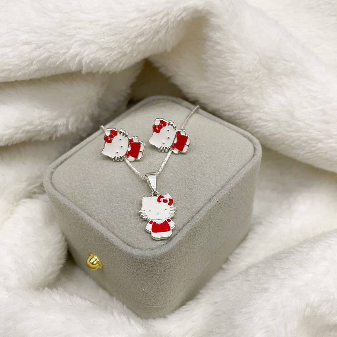 Conjunto Infantil Hello Kitty Esmaltado Prateado