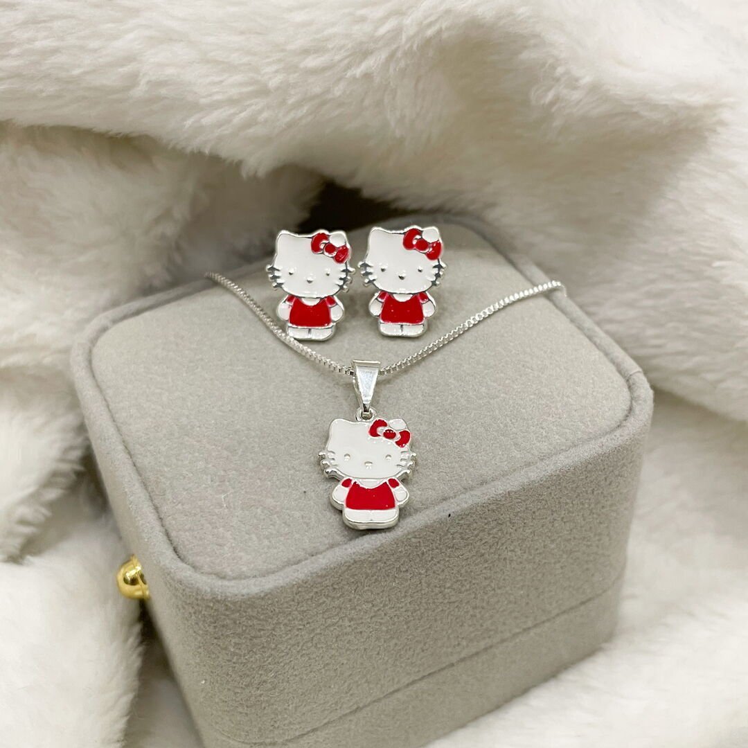 Conjunto Infantil Hello Kitty Esmaltado Prateado