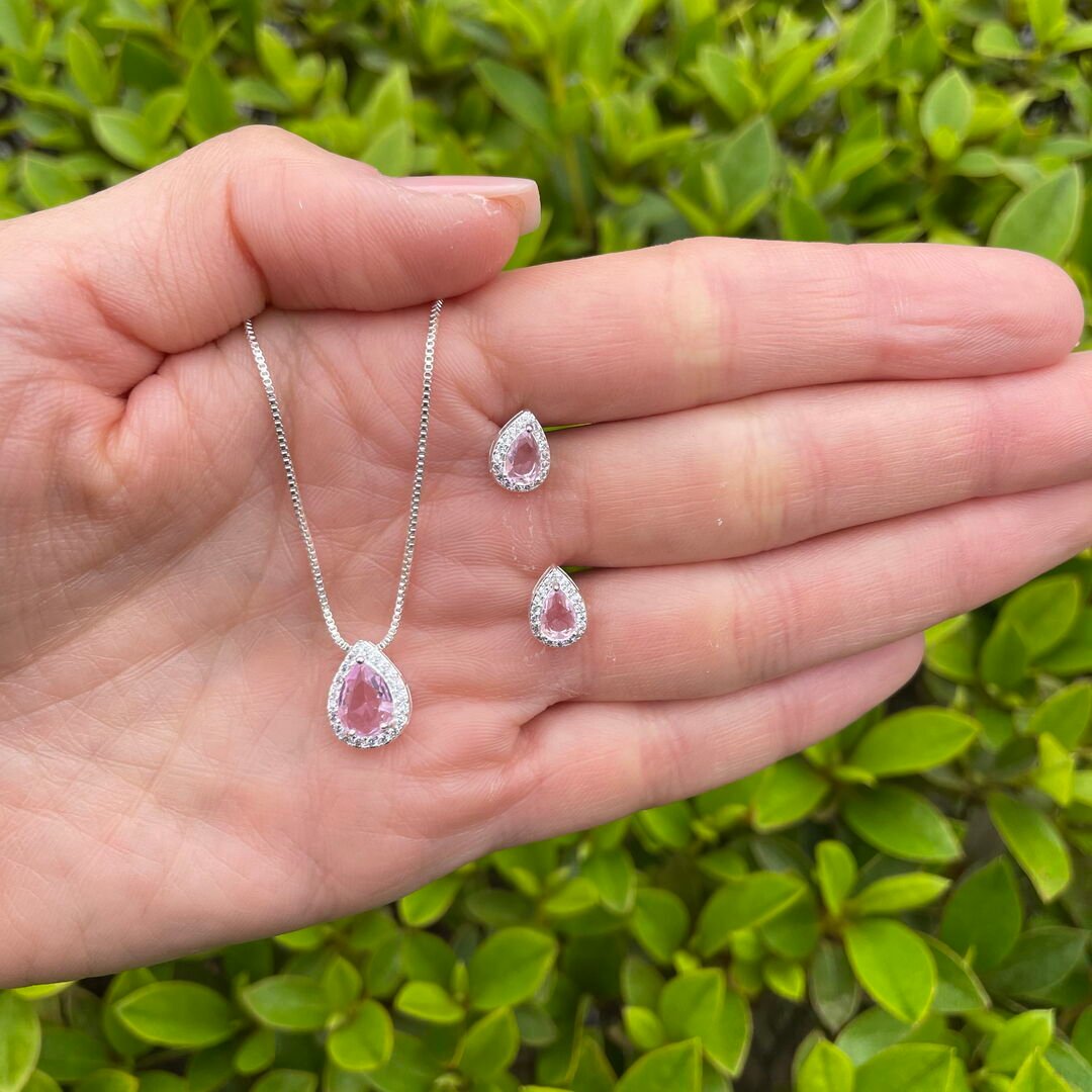 Conjunto De Gota Rosa Cravejada Cristal Prateado