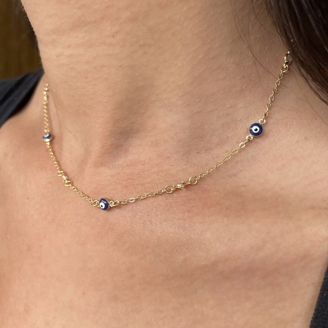 Choker Olho Grego c/ Ponto de Luz Cravejada Cristal Dourada
