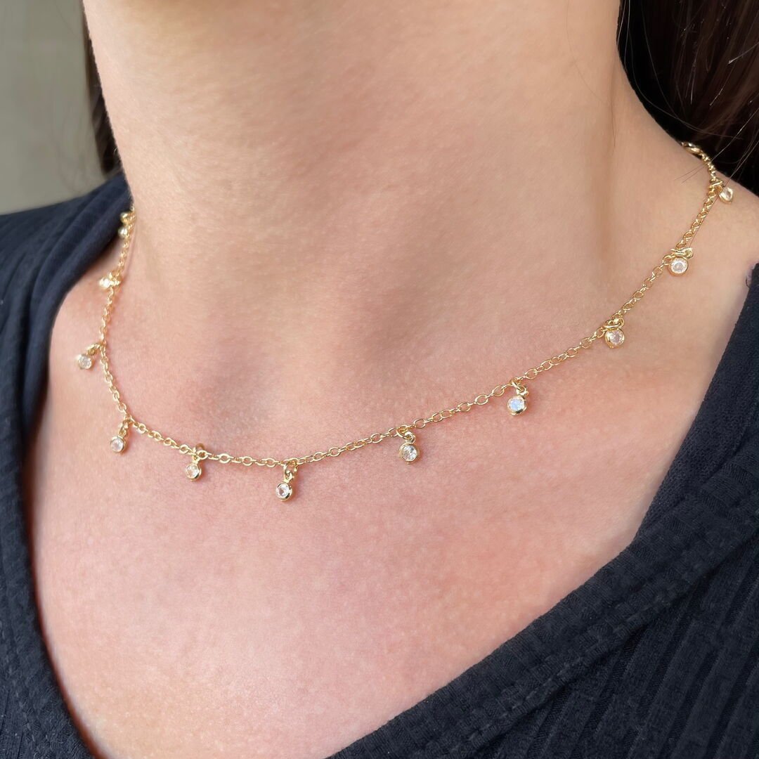 Choker c/ 20 Pontos de Luz Pendurados 3mm Cristal Dourada