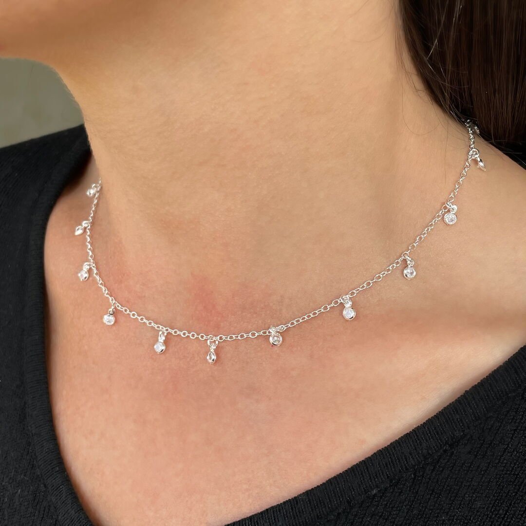 Choker c/ 20 Pontos de Luz Pendurados 3mm Cristal Prateada