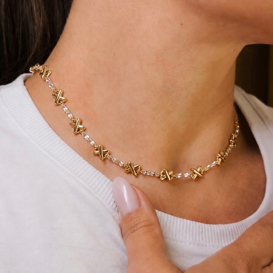 Choker Luxo Baguetes c/ X Cristal Dourada