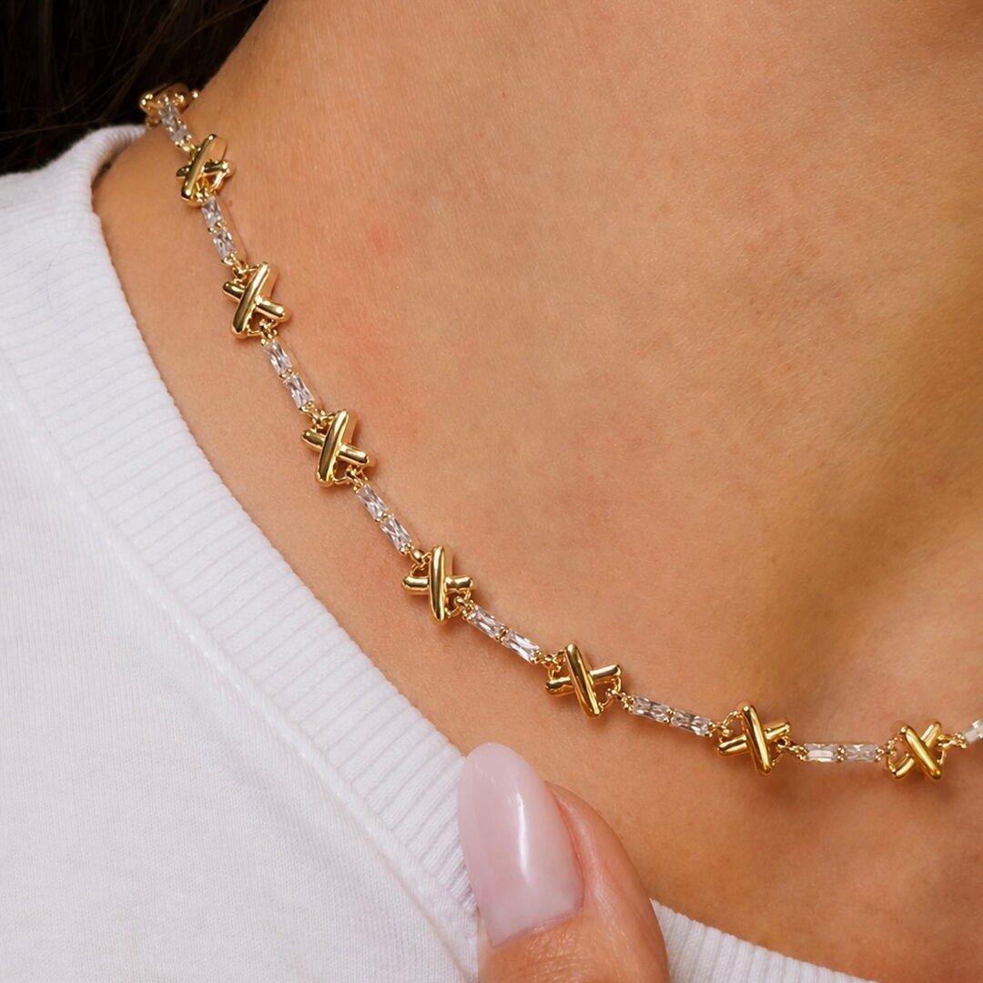 Choker Luxo Baguetes c/ X Cristal Dourada