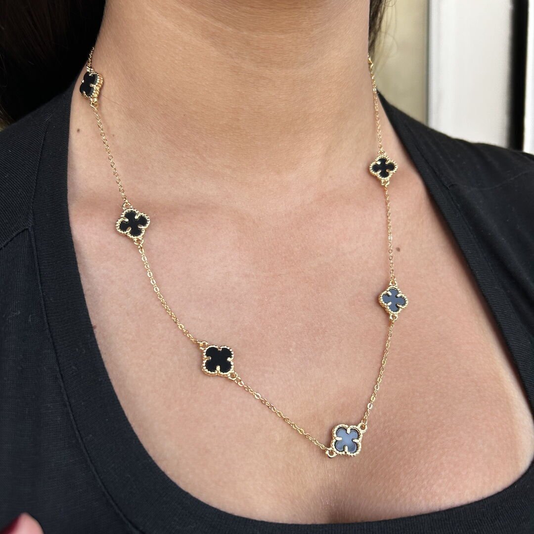 Colar Trevo c/ 7 Pingente P Preto Dourado