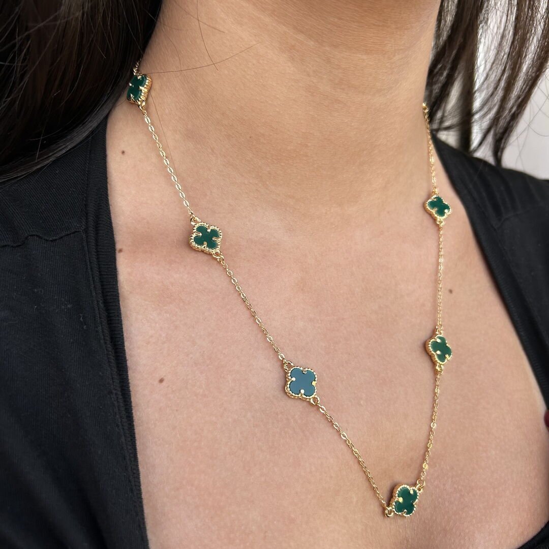 Colar Trevo c/ 7 Pingente P Verde Dourado