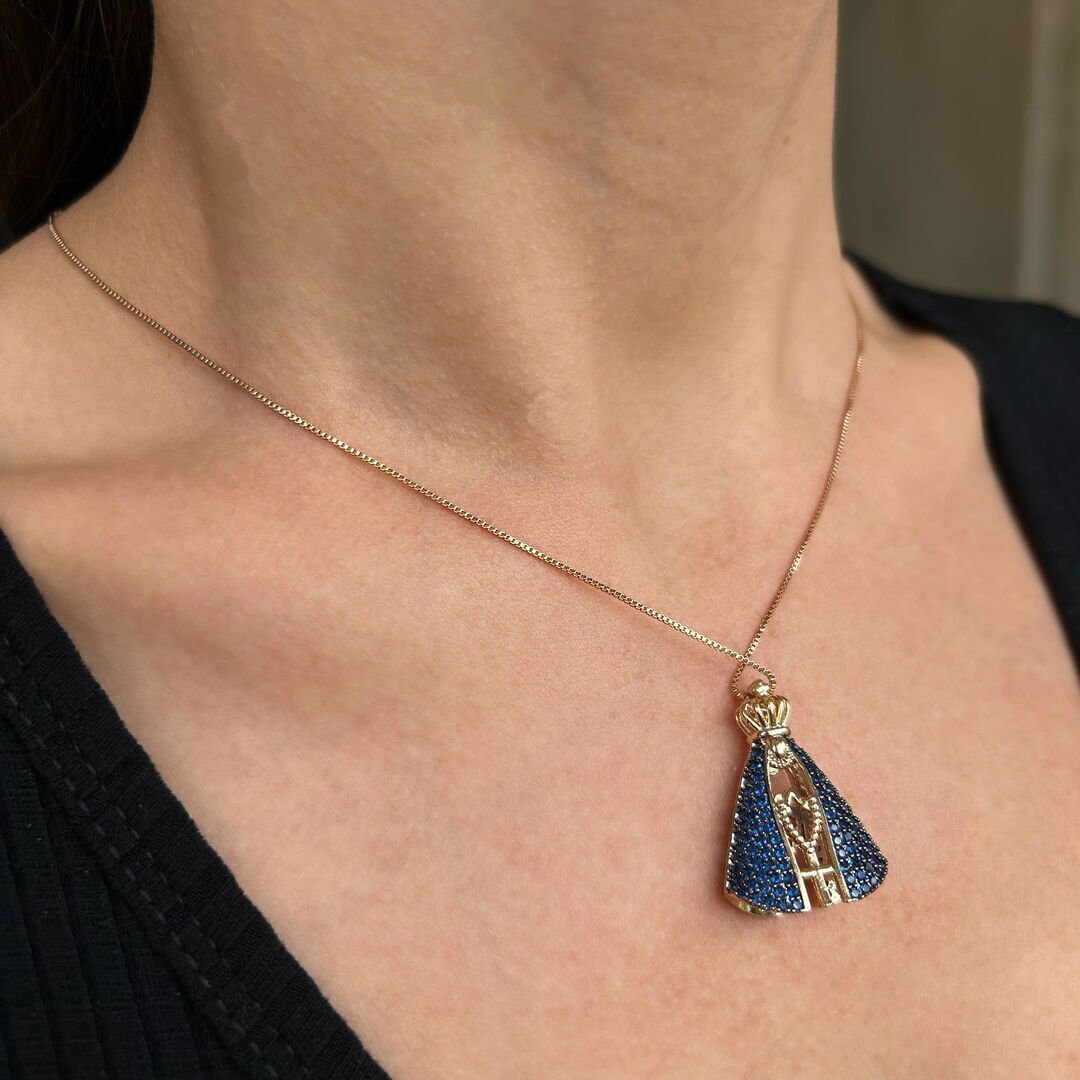 Colar de Nossa Senhora Bifacial Cravejado Azul/Cristal Dourado