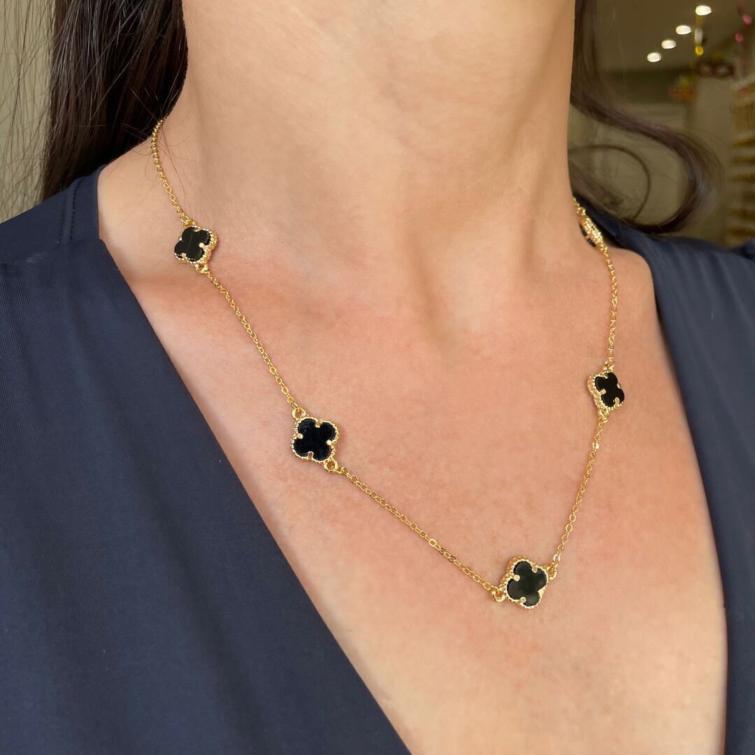 Colar Trevo c/ 5 Pingente P Preto Dourado