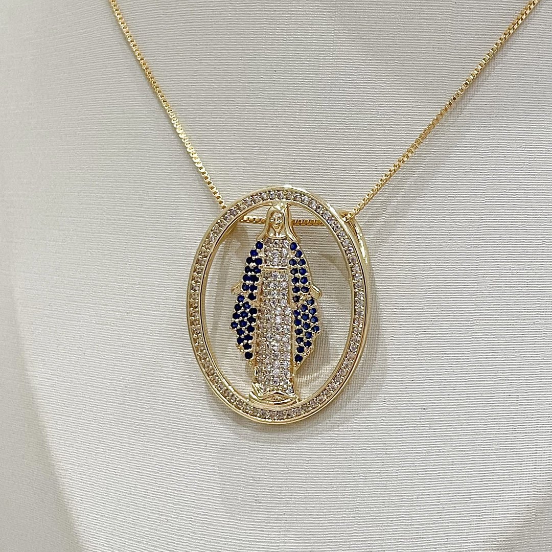 Colar Nossa Senhora das Graças GG Cravejado Cristal Dourado
