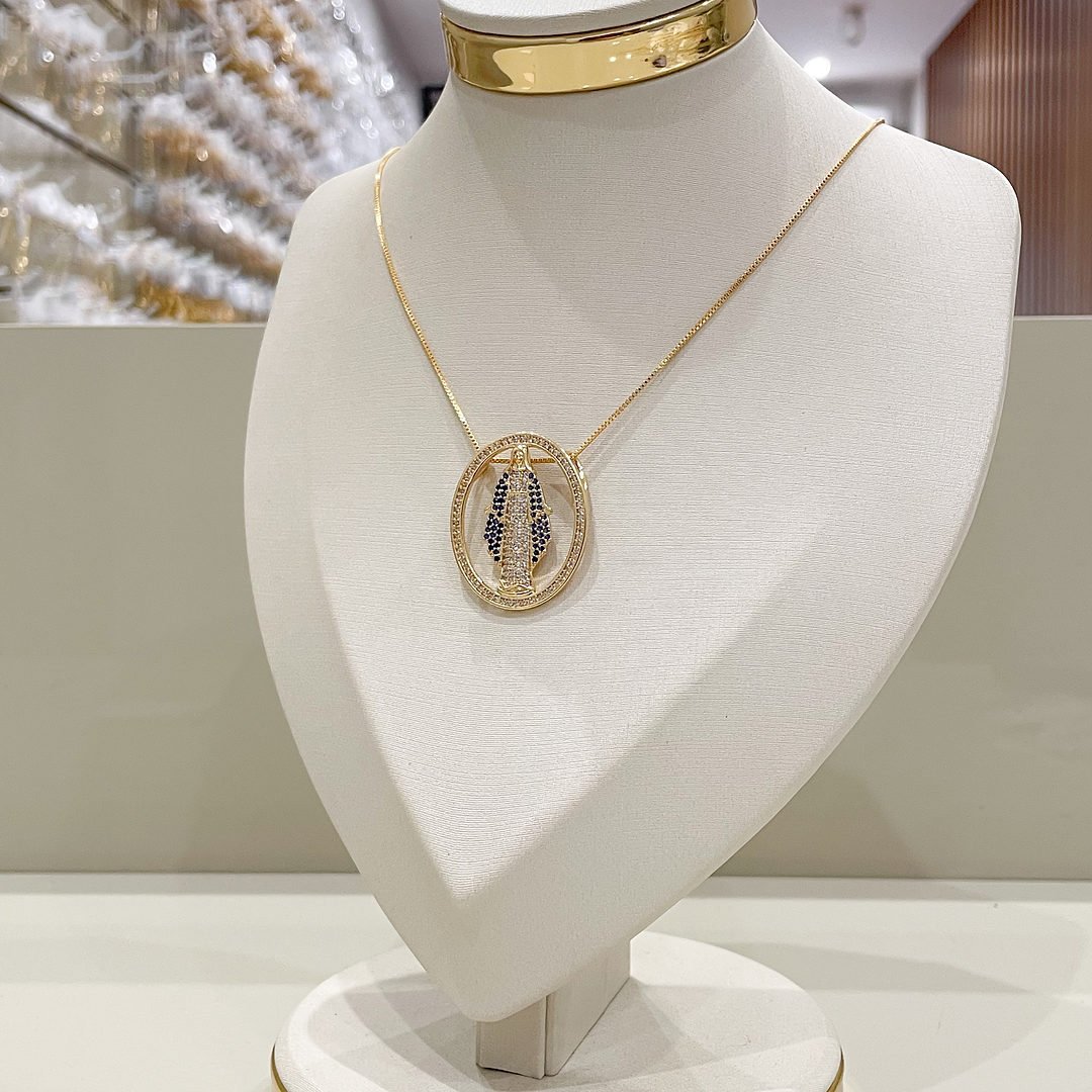 Colar Nossa Senhora das Graças GG Cravejado Cristal Dourado