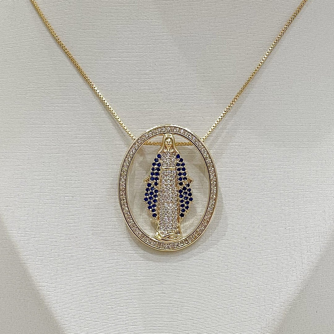 Colar Nossa Senhora das Graças GG Cravejado Cristal Dourado