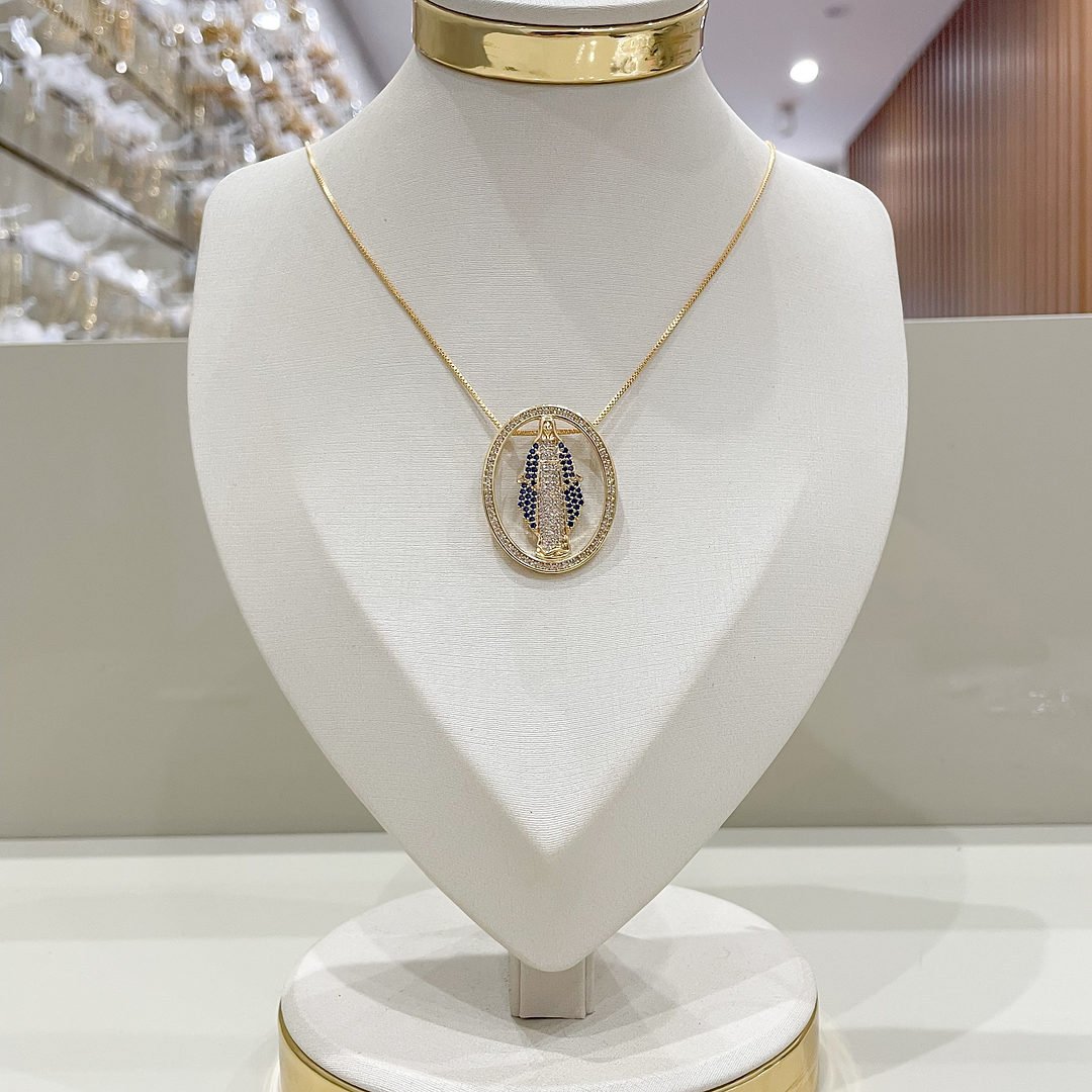 Colar Nossa Senhora das Graças GG Cravejado Cristal Dourado
