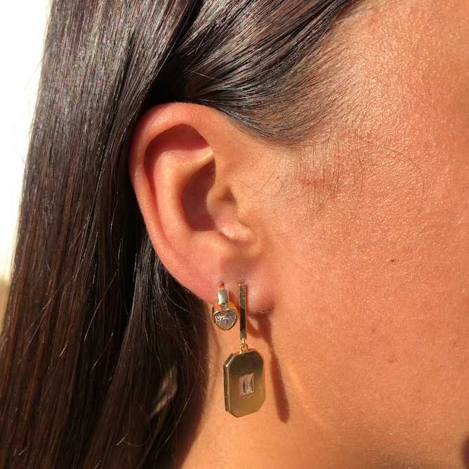 Duo Retângulo c/ Baguete + Argola c/ Coração de Zirc Cristal Dourado