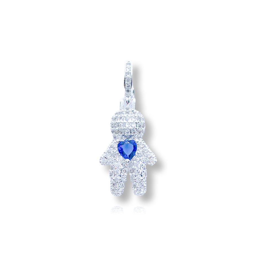 Pingente de Menino c/ Coração Azul Cravejado Cristal Prateado