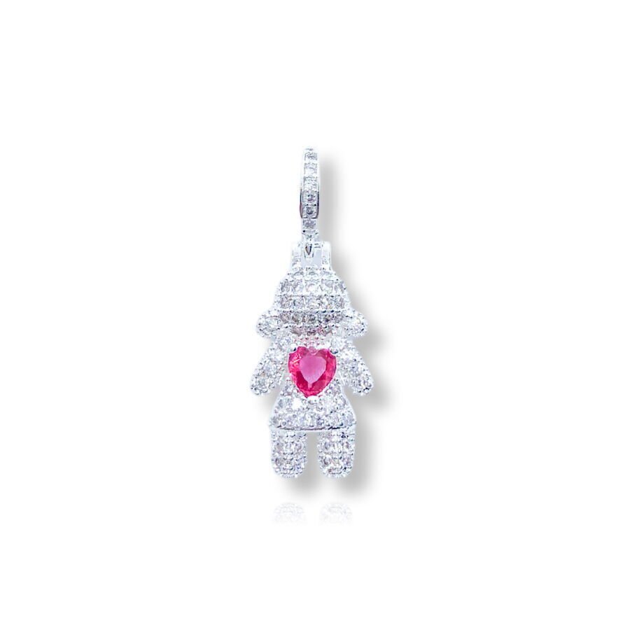 Pingente de Menina c/ Coração Rosa Cravejado Cristal Prateado