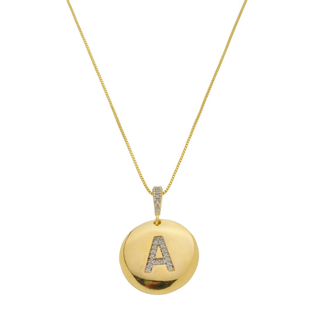Pingente Letra A Moeda Tássia Cravejado Cristal Dourado