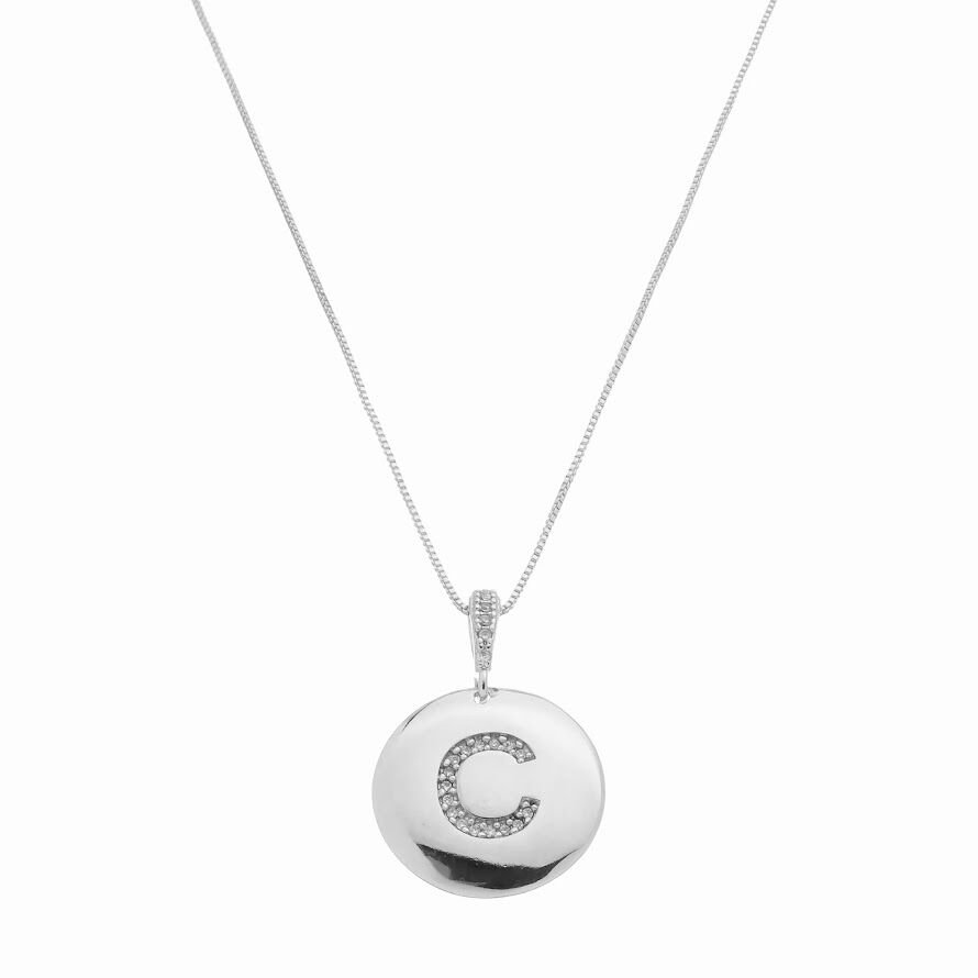 Pingente Letra C Moeda Tássia Cravejado Cristal Prateado