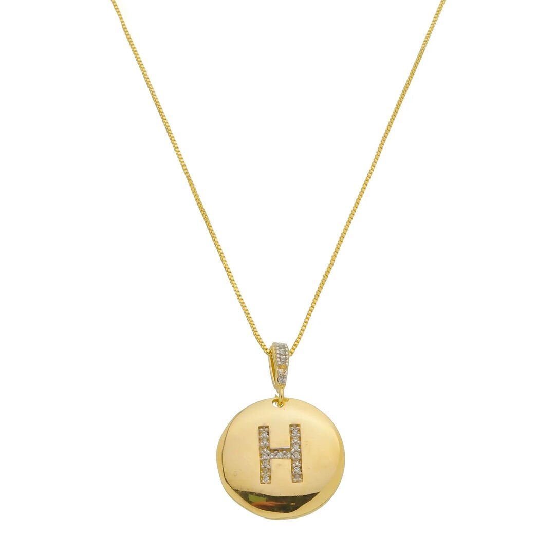 Pingente Letra H Moeda Tássia Cravejado Cristal Dourado