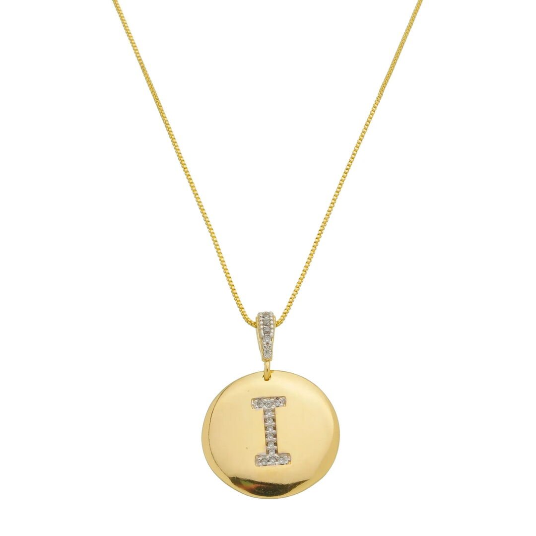 Pingente Letra I Moeda Tássia Cravejado Cristal Dourado