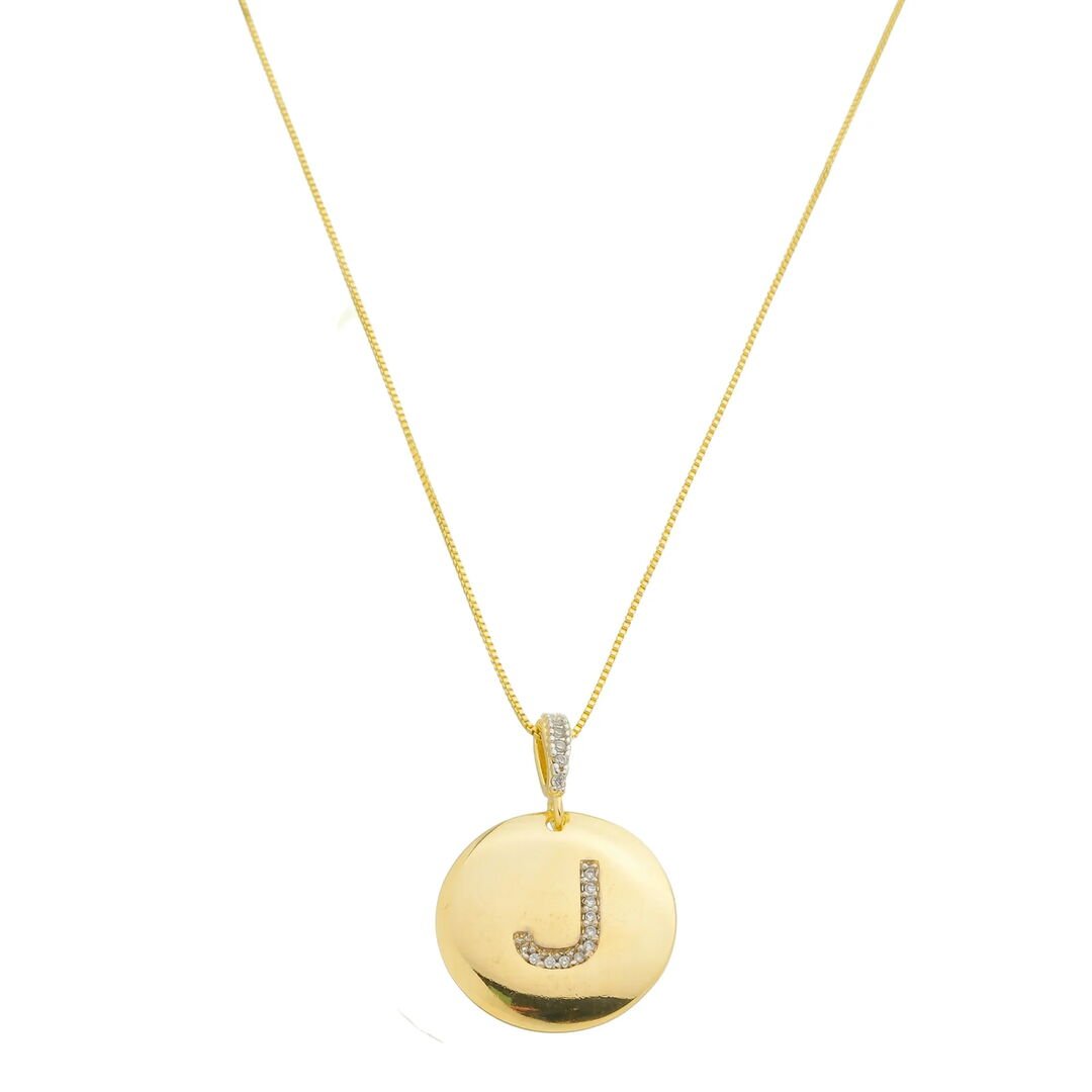 Pingente Letra J Moeda Tássia Cravejado Cristal Dourado