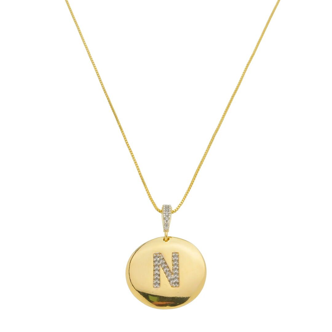Pingente Letra N Moeda Tássia Cravejado Cristal Dourado