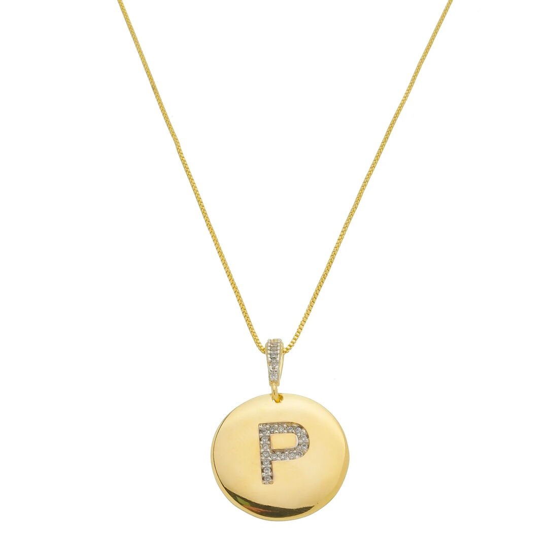 Pingente Letra P Moeda Tássia Cravejado Cristal Dourado