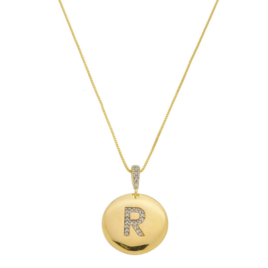 Pingente Letra R Moeda Tássia Cravejado Cristal Dourado
