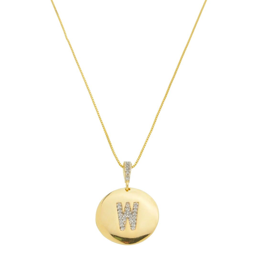 Pingente Letra W Moeda Tássia Cravejado Cristal Dourado