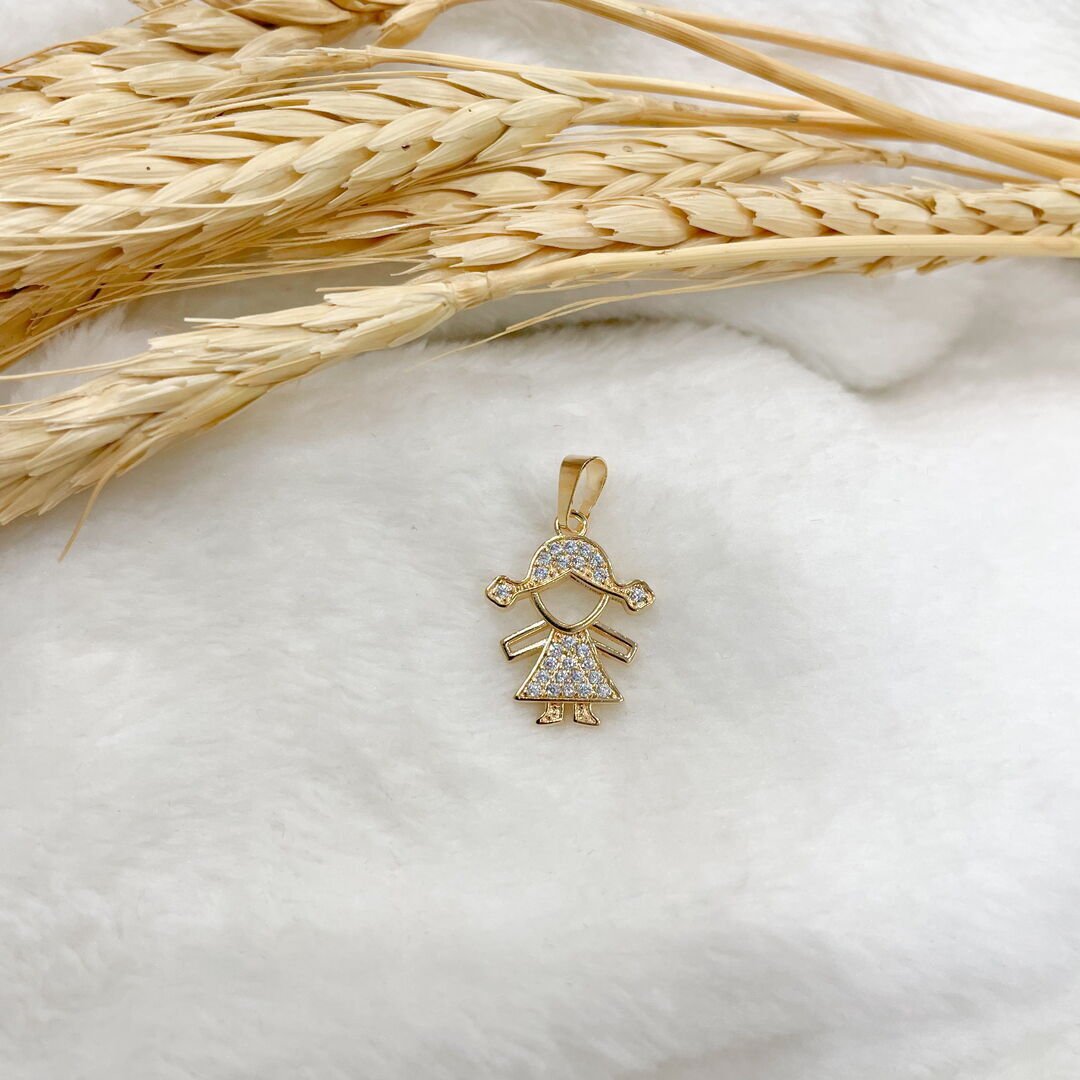 Pingente de Menina Cravejado Cristal Dourado