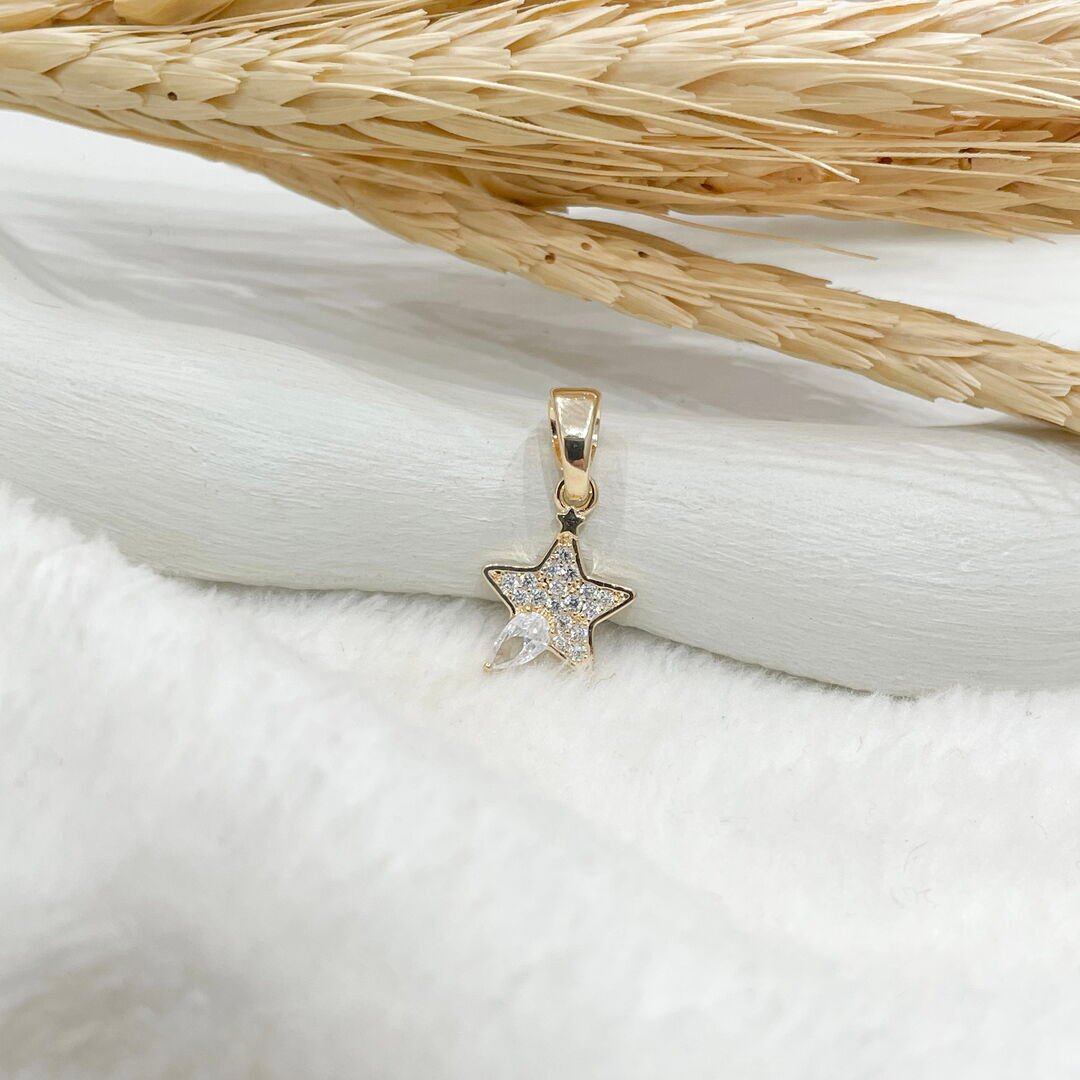 Pingente de Estrela c/ 1 Gota Cravejado Cristal Dourado