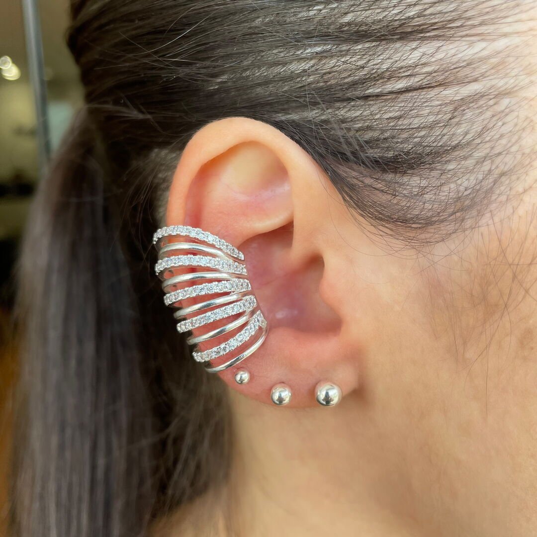 Piercing Fake 10 Fios Cravejados/Lisos Intercalados Cristal Prateado
